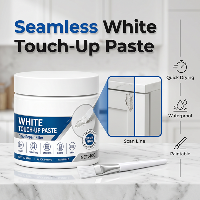 Rennova White Furniture Touch-Up Paste with precision brush repairing white cabinet — image 1