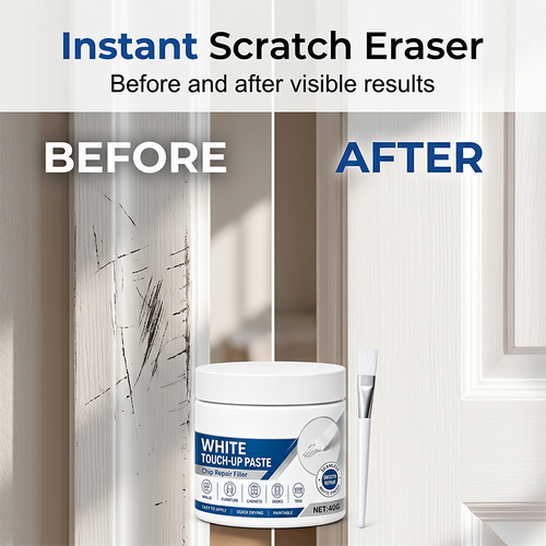 Rennova White Furniture Touch-Up Paste with precision brush repairing white cabinet — image 2