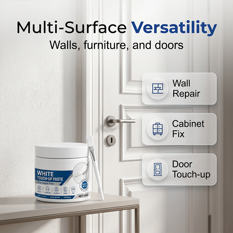 Rennova White Furniture Touch-Up Paste with precision brush repairing white cabinet — image 3