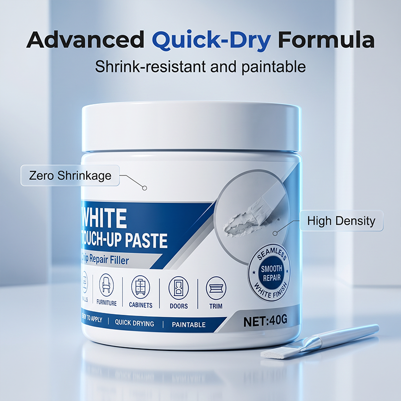 Rennova White Furniture Touch-Up Paste with precision brush repairing white cabinet — image 4