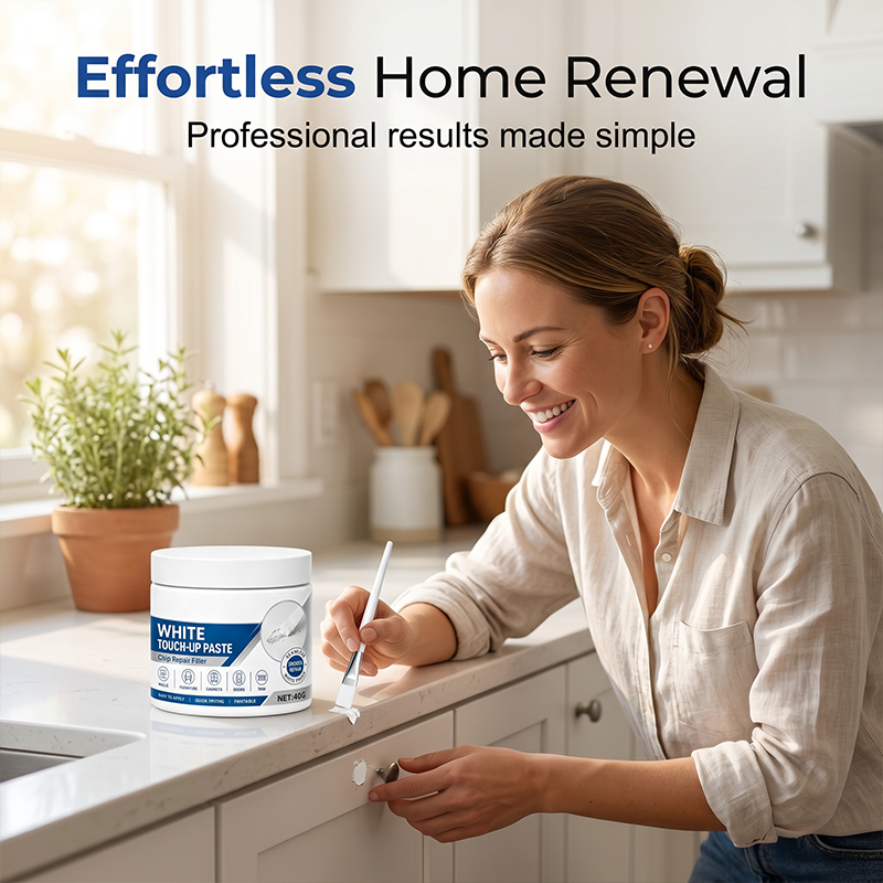 Rennova White Furniture Touch-Up Paste with precision brush repairing white cabinet — image 5