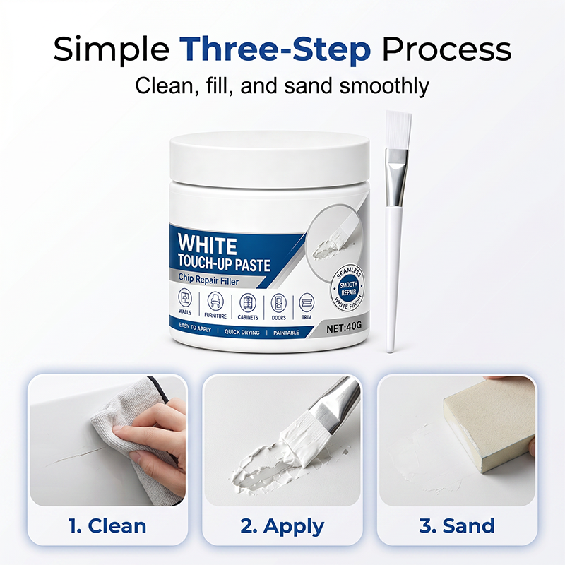 Rennova White Furniture Touch-Up Paste with precision brush repairing white cabinet — image 6