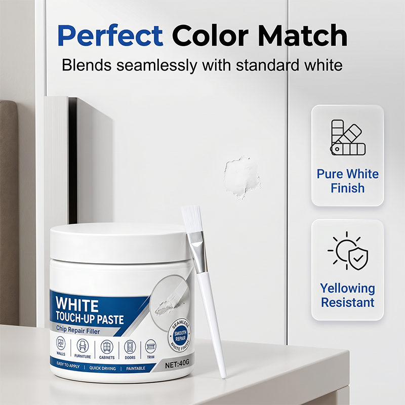 Rennova White Furniture Touch-Up Paste with precision brush repairing white cabinet — image 7