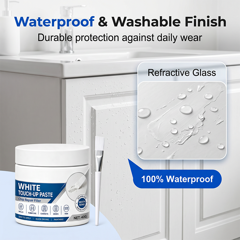 Rennova White Furniture Touch-Up Paste with precision brush repairing white cabinet — image 8
